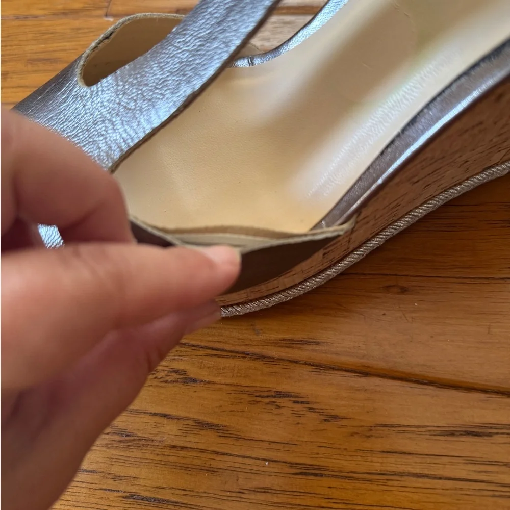Lauren Ralph Lauren Silver Metallic Cork Wedge Sandals 9.5B T-Strap Espadrille